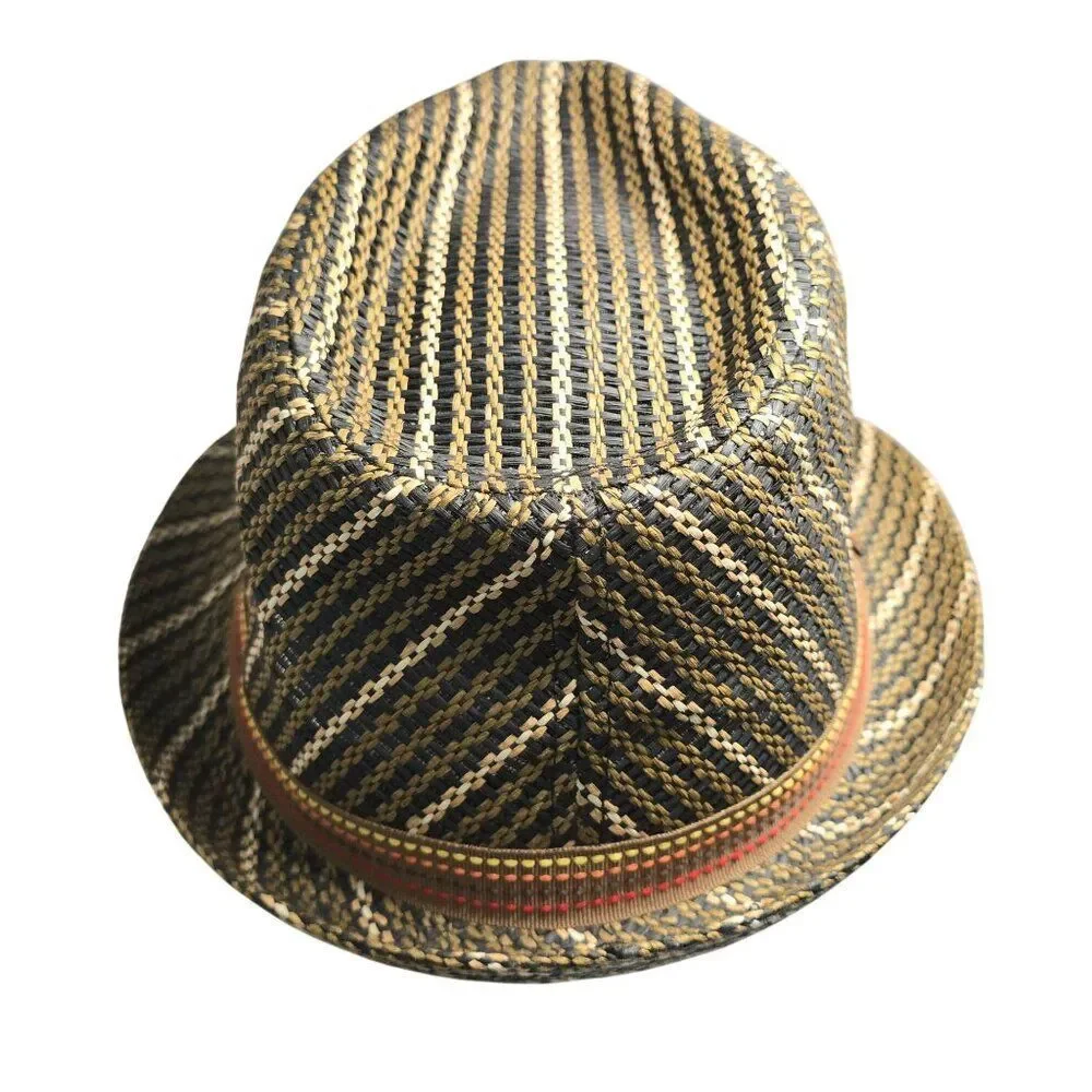 Vintage Woven Straw Fedora Hat With Multicolor Striped Band Hipster Summer